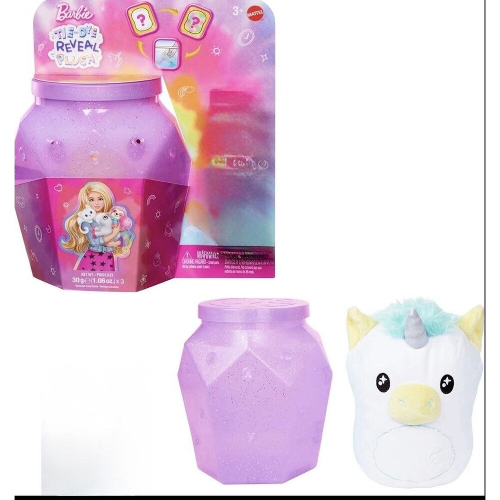 Barbie Mattel Tie-Dye Reveal Plush Toys, 7-inch Soft Stuffed Animal Washable Fab